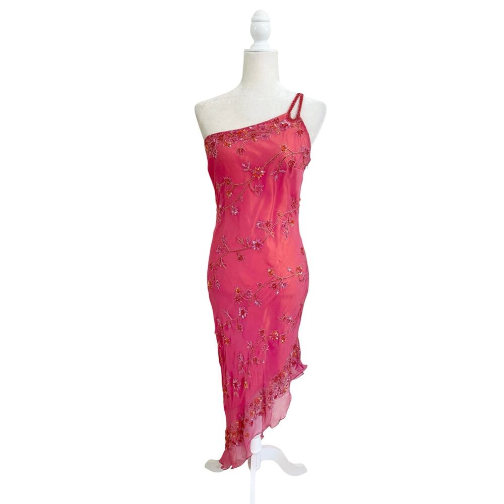 Y2K Scala Beaded Asymmetrical One Shoulder Silk Dress Sz Large Pink Party Glam - Picture 2 of 13